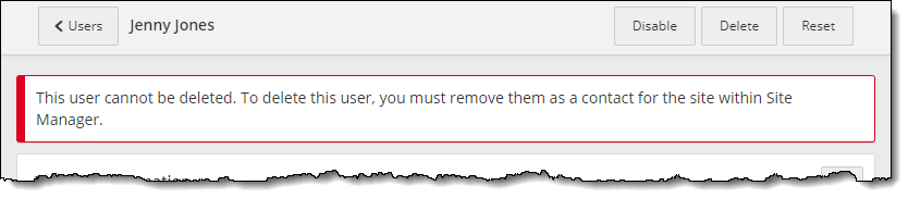 User cannot be deleted since they are a contact in Site Manager.